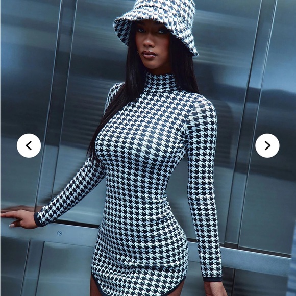 Fashion Nova Black and White “Sandra” Houndstooth Long Sleeve mini Dress - Picture 12 of 12
